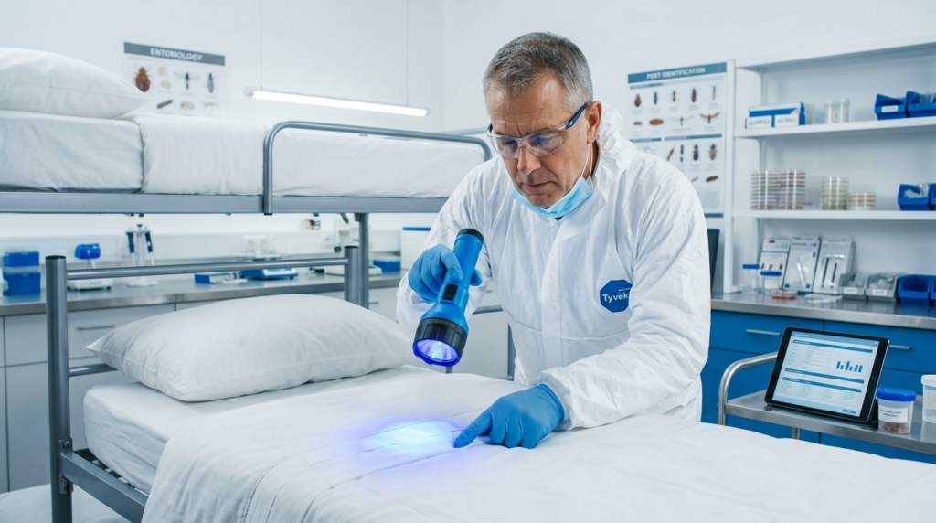 Professional stock photograph, 16:9 ratio, experienced pest 